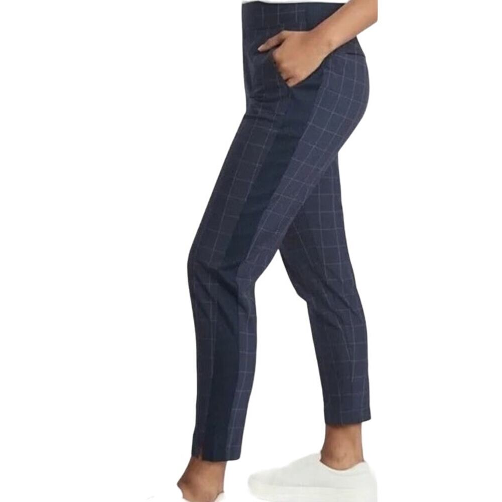 Athleta Brooklyn Textured Ankle Pants Windowpane Stretch Pull On Navy Blue 2